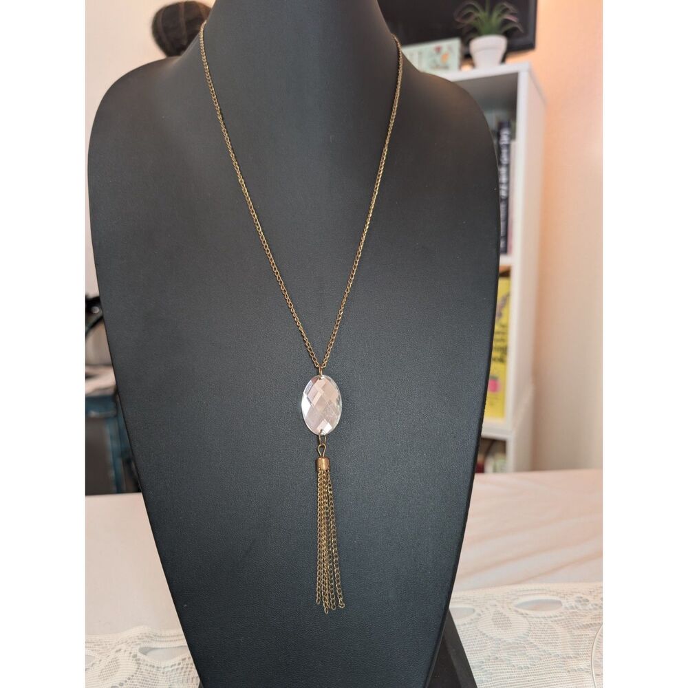 Vintage Hollywood Glam Gold Tassel Necklace, Mirror-Back Focal Crystal Drop
